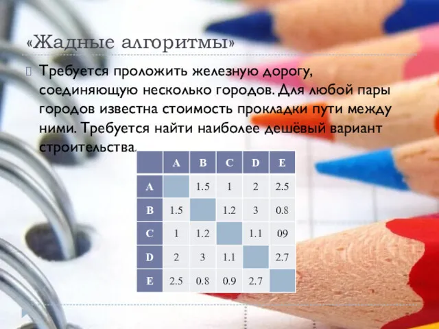 «Жадные алгоритмы» Требуется проложить железную дорогу, соединяющую несколько городов. Для