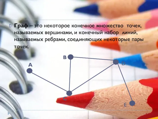 Граф – это некоторое конечное множество точек, называемых вершинами, и