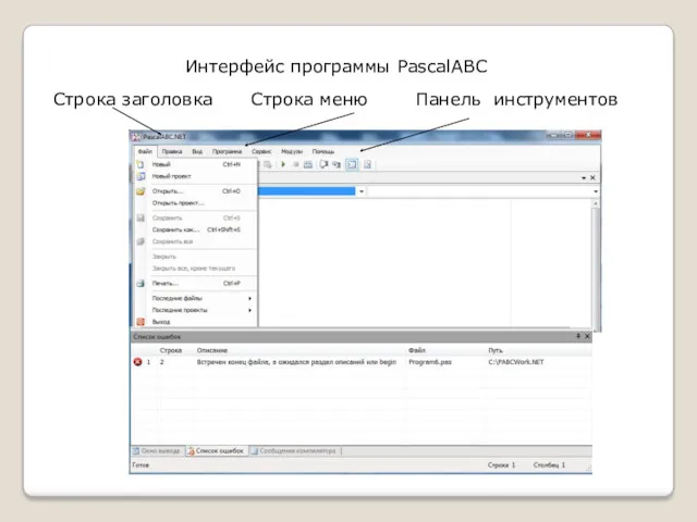 Интерфейс программы PascalABC Строка заголовка Панель инструментов Строка меню