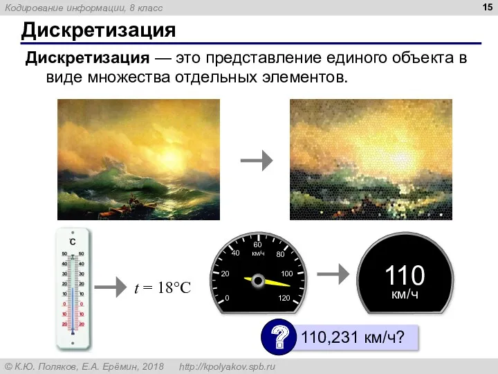 Дискретизация Дискретизация — это представление единого объекта в виде множества отдельных элементов. t = 18°C