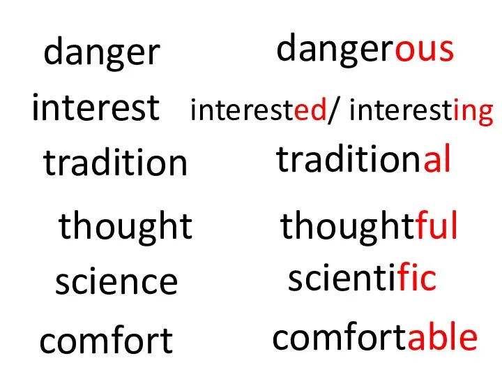 danger interest tradition science comfort dangerous interested/ interesting traditional scientific comfortable thought thoughtful