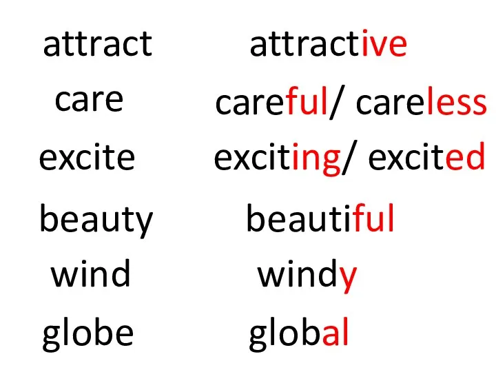 attract care excite beauty globe wind attractive careful/ careless exciting/ excited beautiful global windy