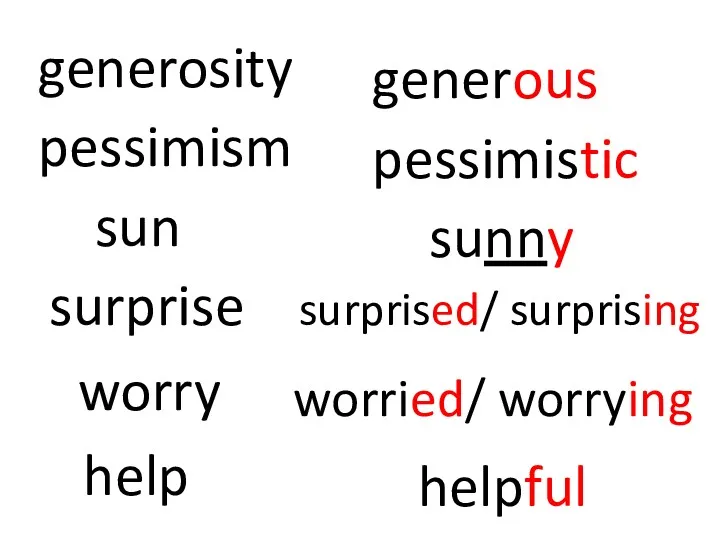 generosity pessimism surprise worry sun help generous pessimistic surprised/ surprising worried/ worrying sunny helpful