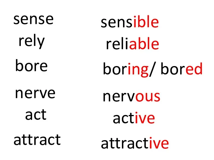 rely bore sense act attract nerve reliable boring/ bored sensible active attractive nervous