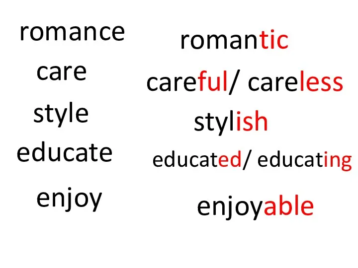 romance style educate care enjoy romantic stylish educated/ educating careful/ careless enjoyable