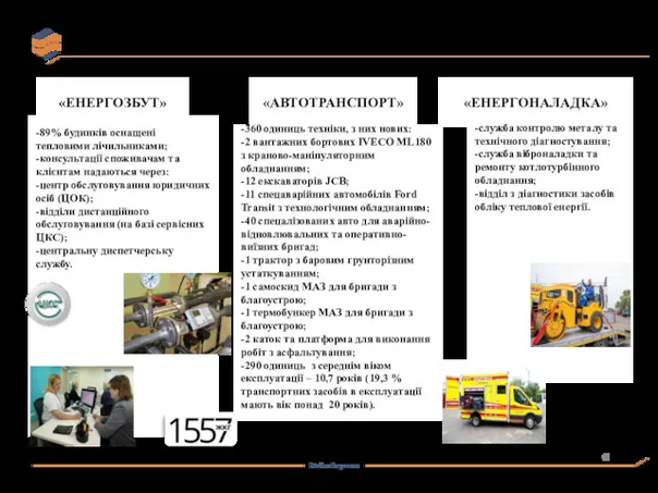 «ЕНЕРГОЗБУТ» «АВТОТРАНСПОРТ» «ЕНЕРГОНАЛАДКА» -89% будинків оснащені тепловими лічильниками; -консультації споживачам