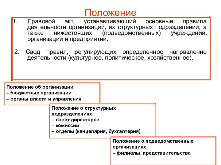 Положение Правовой акт, устанавливающий основные правила деятельности организаций, их структурных