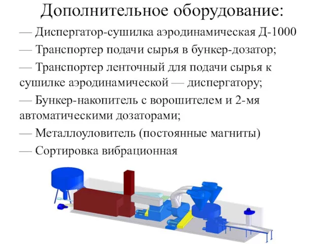 Дополнительное оборудование: — Диспергатор-сушилка аэродинамическая Д-1000 — Транспортер подачи сырья