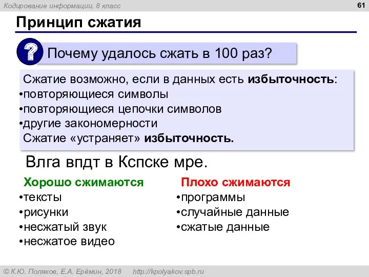 Принцип сжатия Сжатие возможно, если в данных есть избыточность: повторяющиеся