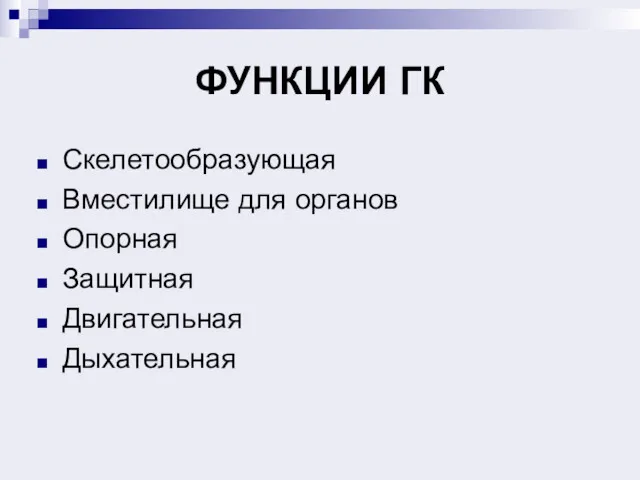 ФУНКЦИИ ГК Скелетообразующая Вместилище для органов Опорная Защитная Двигательная Дыхательная