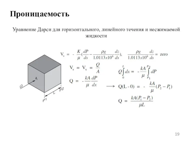 Проницаемость Уравнение Дарси для горизонтального, линейного течения и несжимаемой жидкости