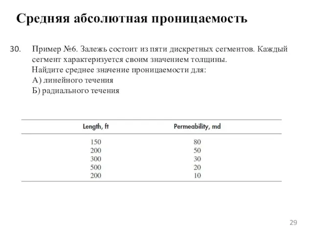 Средняя абсолютная проницаемость Пример №6. Залежь состоит из пяти дискретных