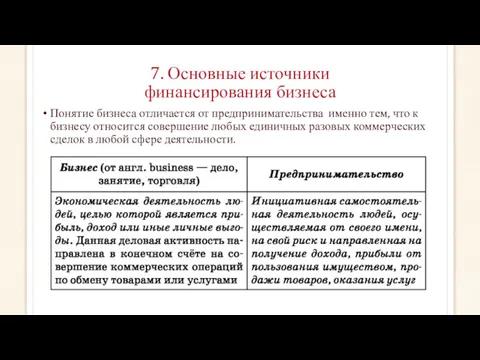 7. Основные источники финансирования бизнеса Понятие бизнеса отличается от предпринимательства