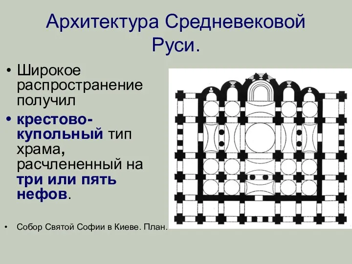 Архитектура Средневековой Руси. Широкое распространение получил крестово-купольный тип храма, расчлененный