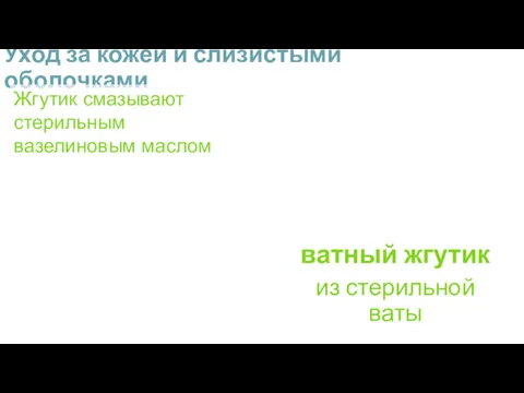 Уход за кожей и слизистыми оболочками ватный жгутик из стерильной ваты Жгутик смазывают стерильным вазелиновым маслом