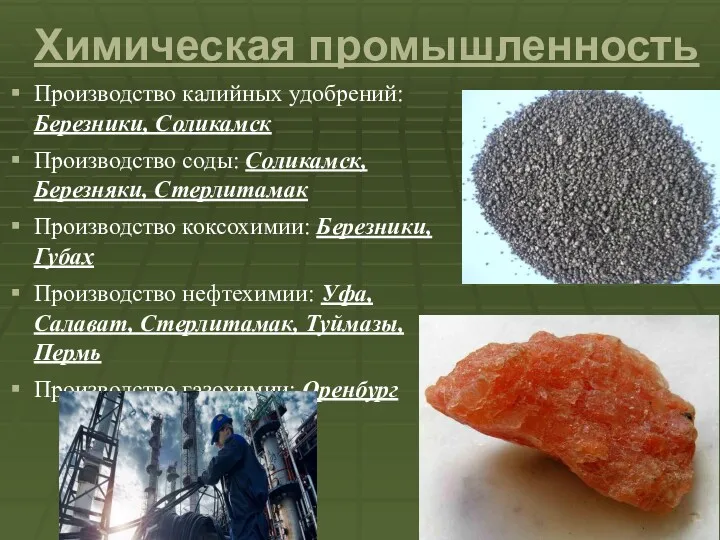 Химическая промышленность Производство калийных удобрений: Березники, Соликамск Производство соды: Соликамск,