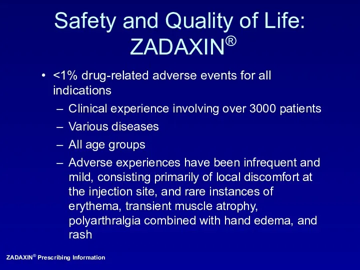 Safety and Quality of Life: ZADAXIN® Clinical experience involving over
