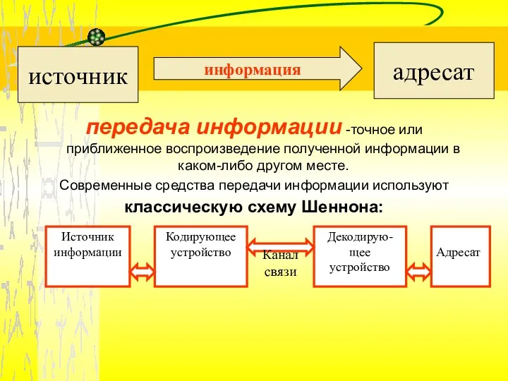 передача информации -точное или приближенное воспроизведение полученной информации в каком-либо