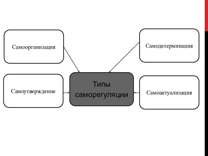 Типы саморегуляции Самодетерминация Самоорганизация Самоактуализация Самоутверждение