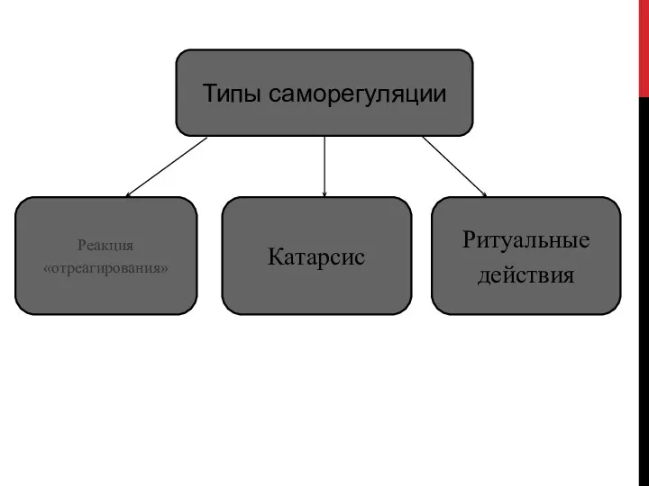 Типы саморегуляции Реакция «отреагирования» Катарсис Ритуальные действия