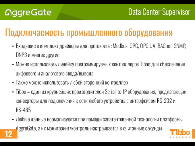 Data Center Supervisor Подключаемость промышленного оборудования Входящие в комплект драйверы