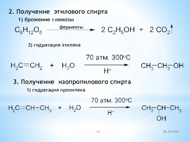 ферменты 28.12.2015 2. Получение этилового спирта 1) брожение глюкозы 2)