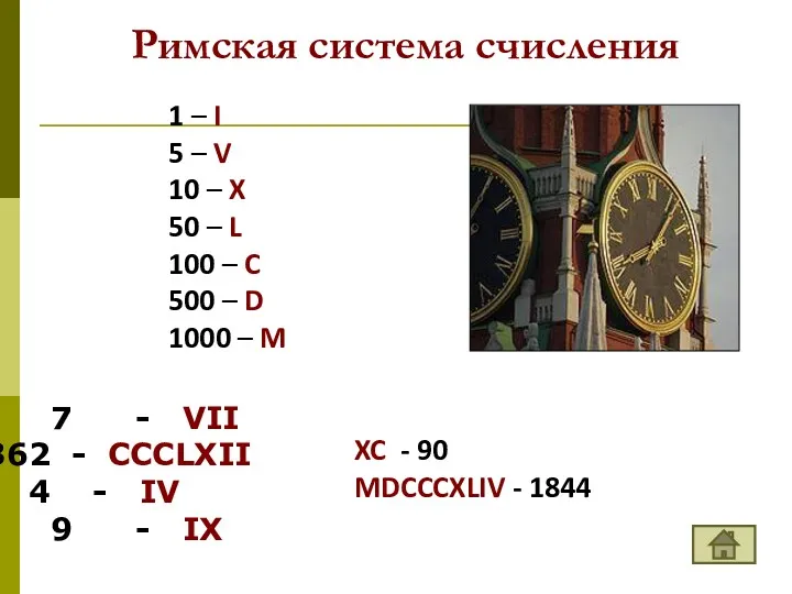 Римская система счисления 1 – I 5 – V 10