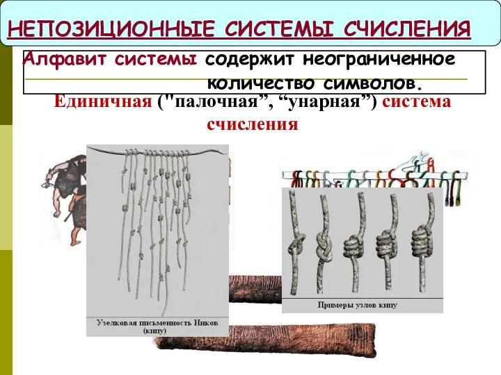 Единичная ("палочная”, “унарная”) система счисления НЕПОЗИЦИОННЫЕ СИСТЕМЫ СЧИСЛЕНИЯ