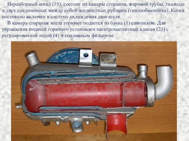 Неразборный котел (15), состоит из камеры сгорания, жаровой трубы, газохода