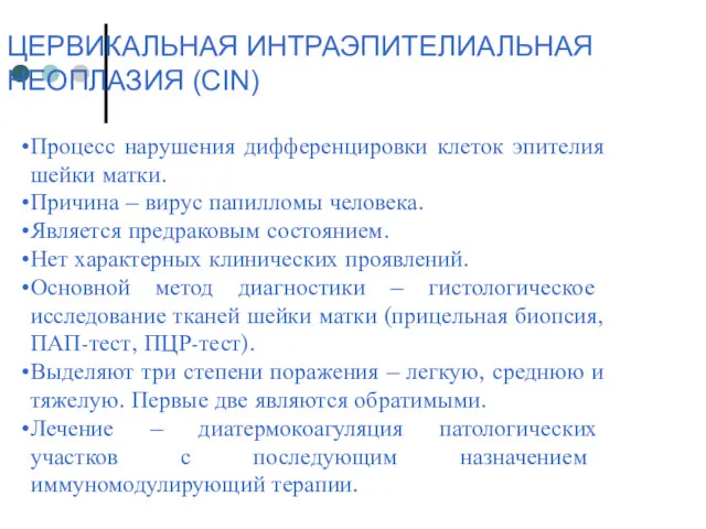 ЦЕРВИКАЛЬНАЯ ИНТРАЭПИТЕЛИАЛЬНАЯ НЕОПЛАЗИЯ (CIN) Процесс нарушения дифференцировки клеток эпителия шейки