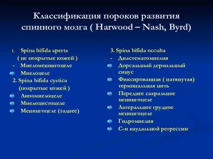 Классификация пороков развития спинного мозга ( Harwood – Nash, Byrd) Spina bifida aperta