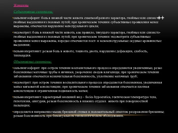 ++ Женщины Субъективные симптомы: сальпингоофорит: боль в нижней части живота