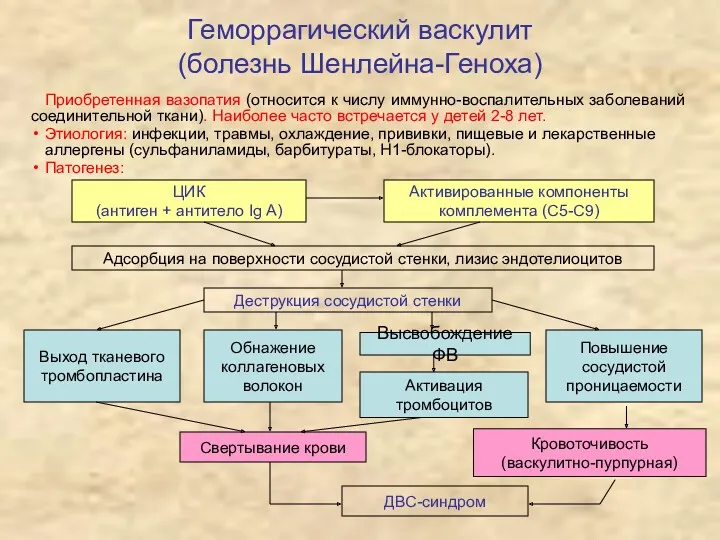 Геморрагический васкулит (болезнь Шенлейна-Геноха) Приобретенная вазопатия (относится к числу иммунно-воспалительных