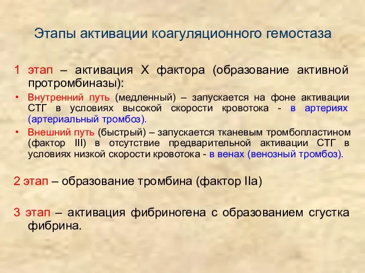 Этапы активации коагуляционного гемостаза 1 этап – активация Х фактора