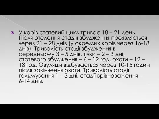 У корів статевий цикл триває 18 – 21 день. Після