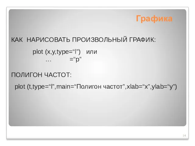 Графика КАК НАРИСОВАТЬ ПРОИЗВОЛЬНЫЙ ГРАФИК: plot (x,y,type=“l”) или … =“p” ПОЛИГОН ЧАСТОТ: plot (t,type=“l”,main=“Полигон частот”,xlab=“x”,ylab=“y”)