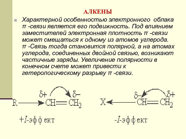 АЛКЕНЫ Характерной особенностью электронного облака π -связи является его подвижность.