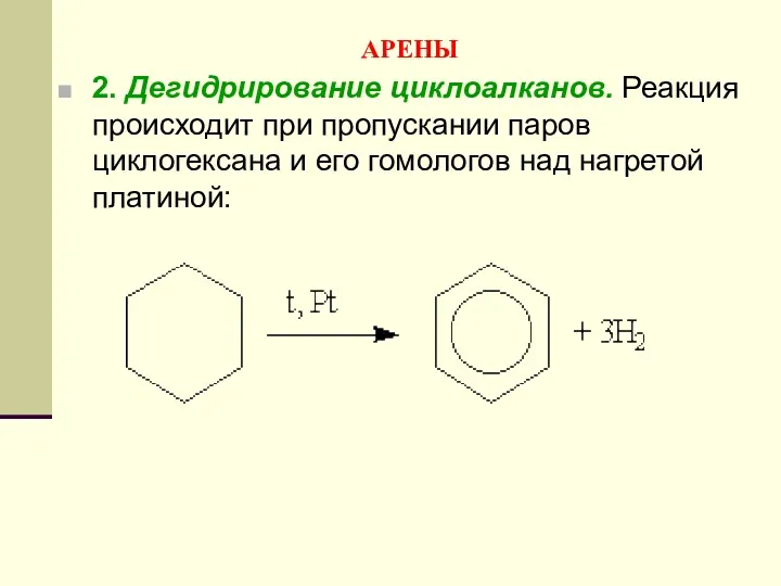 АРЕНЫ 2. Дегидрирование циклоалканов. Реакция происходит при пропускании паров циклогексана и его гомологов над нагретой платиной: