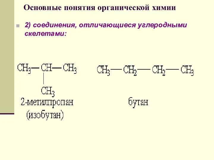 Основные понятия органической химии 2) соединения, отличающиеся углеродными скелетами: