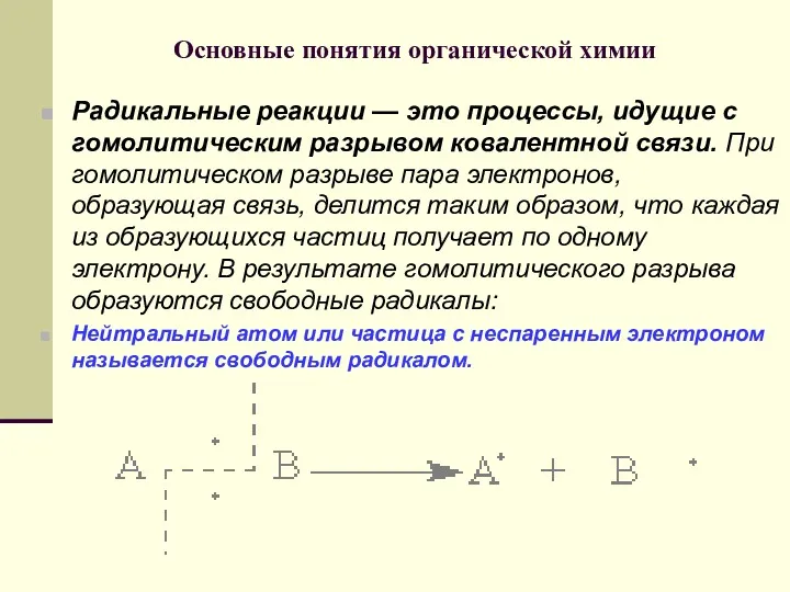 Основные понятия органической химии Радикальные реакции — это процессы, идущие