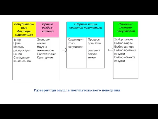 Побудитель-ные факторы маркетинга Прочие раздра- жители Характери-стики покупателя Процесс принятия