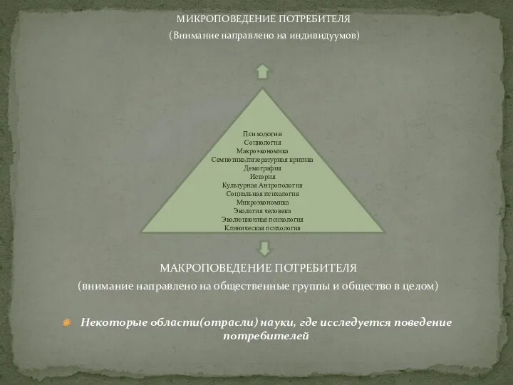 МИКРОПОВЕДЕНИЕ ПОТРЕБИТЕЛЯ (Внимание направлено на индивидуумов) МАКРОПОВЕДЕНИЕ ПОТРЕБИТЕЛЯ (внимание направлено