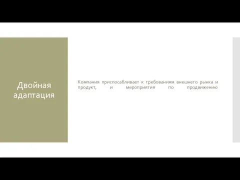 Двойная адаптация Компания приспосабливает к требованиям внешнего рынка и продукт, и мероприятия по продвижению