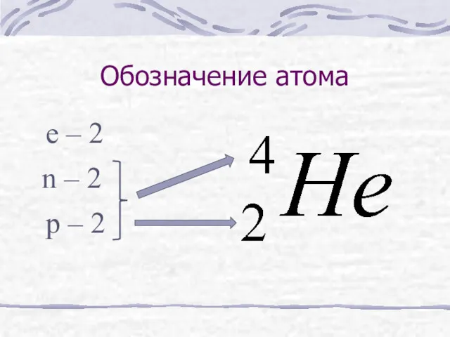 Обозначение атома e – 2 n – 2 p – 2