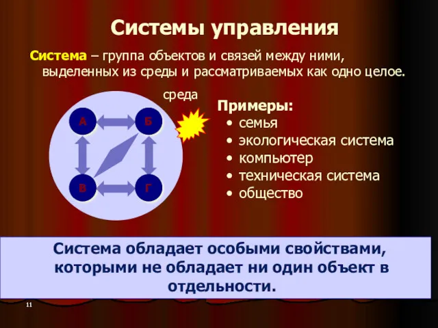 Системы управления Система – группа объектов и связей между ними,