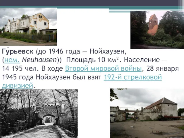 Гу́рьевск (до 1946 года — Нойхаузен, (нем. Neuhausen)) Площадь 10