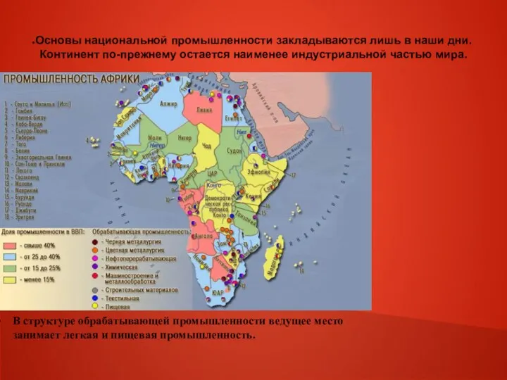 Основы национальной промышленности закладываются лишь в наши дни.Континент по-прежнему остается