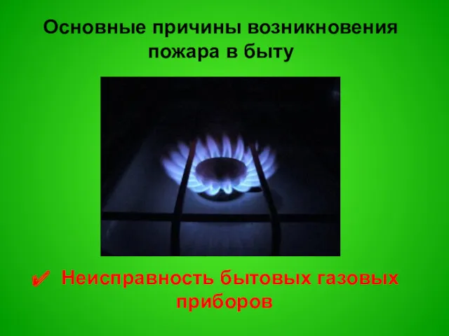 Основные причины возникновения пожара в быту Неисправность бытовых газовых приборов