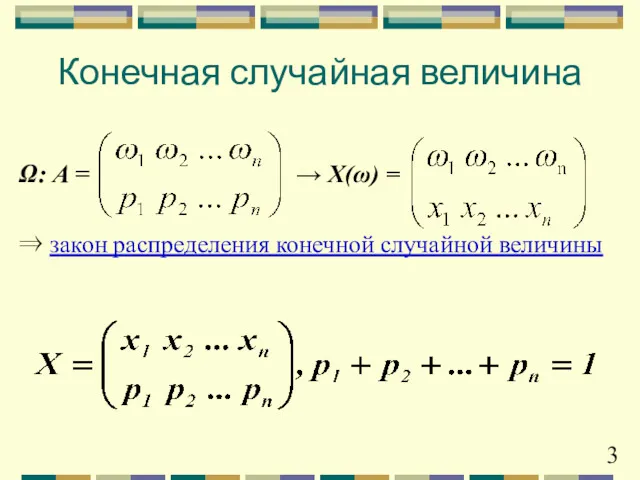 Конечная случайная величина Ω: A = → X(ω) = ⇒ закон распределения конечной случайной величины