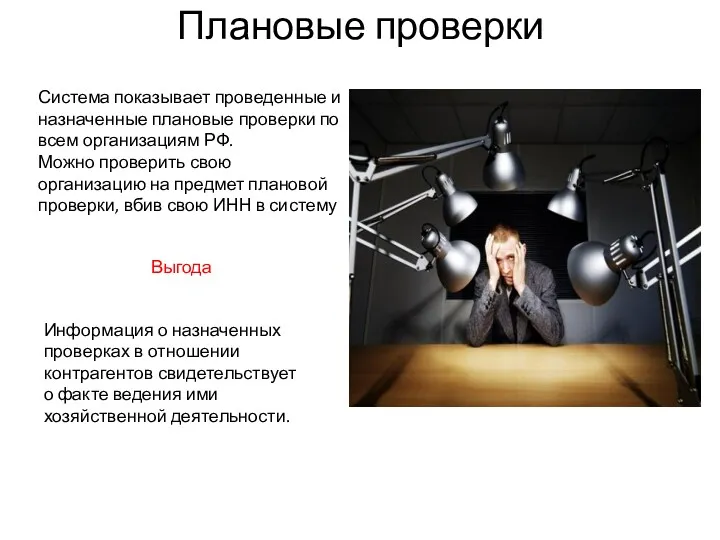 Плановые проверки Система показывает проведенные и назначенные плановые проверки по